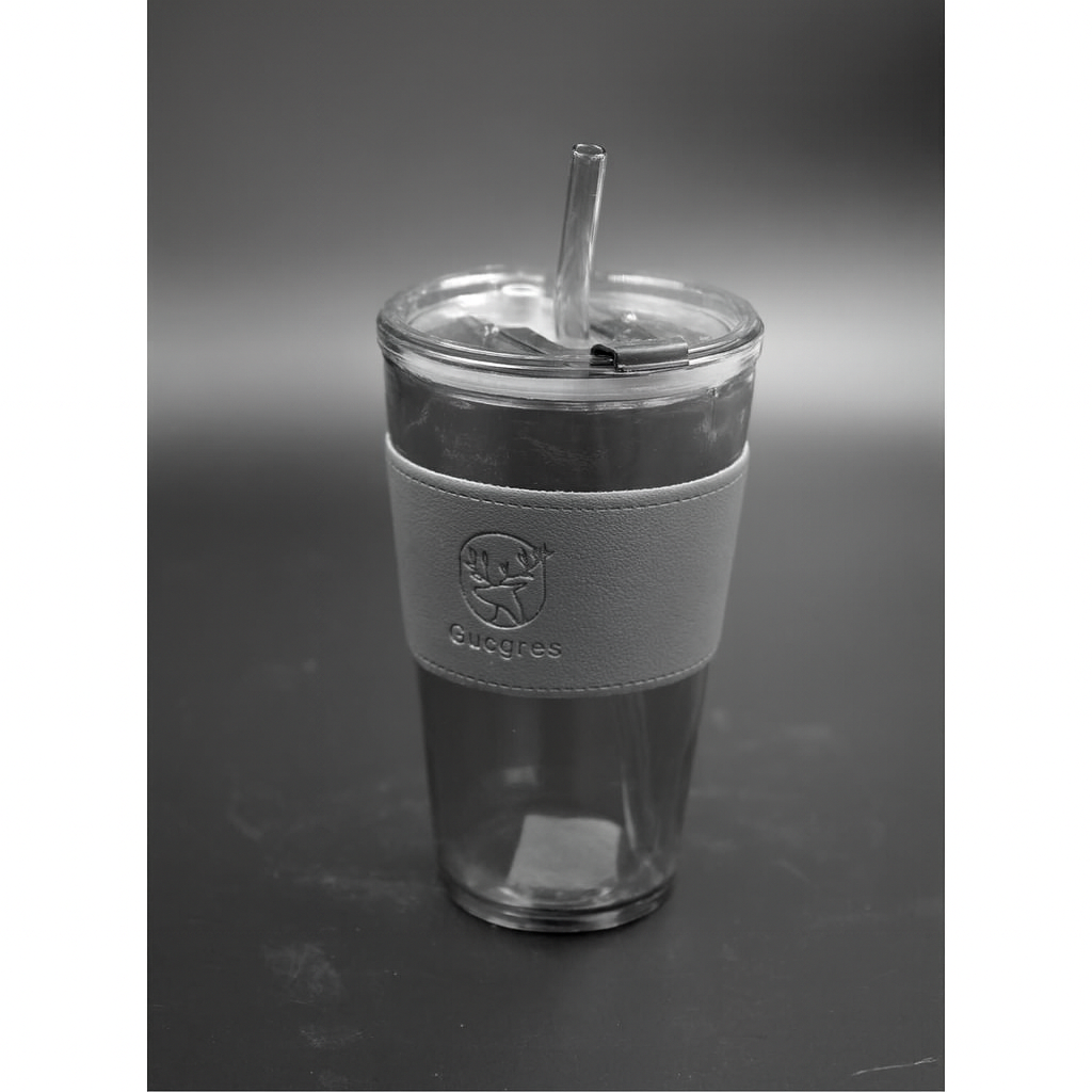 Amber Glass Tumbler with Straw and Leather Grip