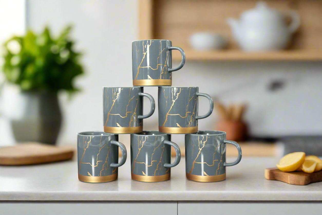 Luxury Grey & Gold Marble Ceramic Mug Set – 6 Pcs
