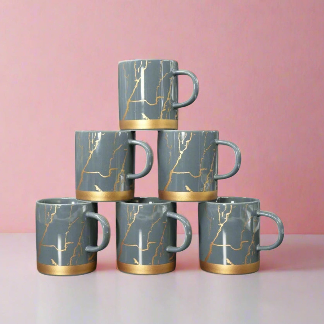 Luxury Grey & Gold Marble Ceramic Mug Set – 6 Pcs
