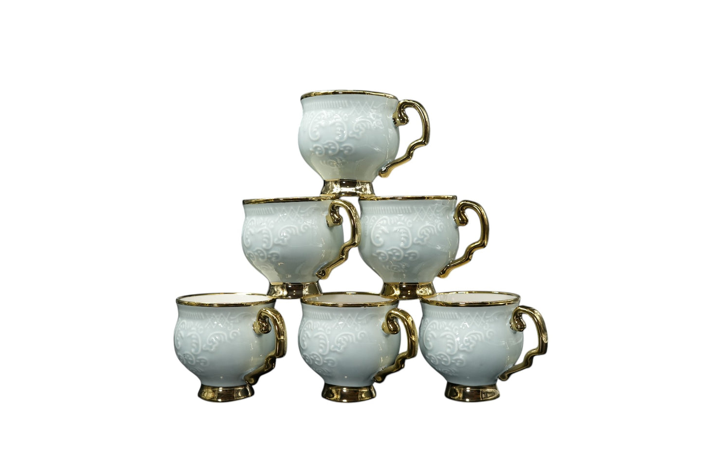 Royal White & Gold Embossed Ceramic Mug Set – 6 Pcs