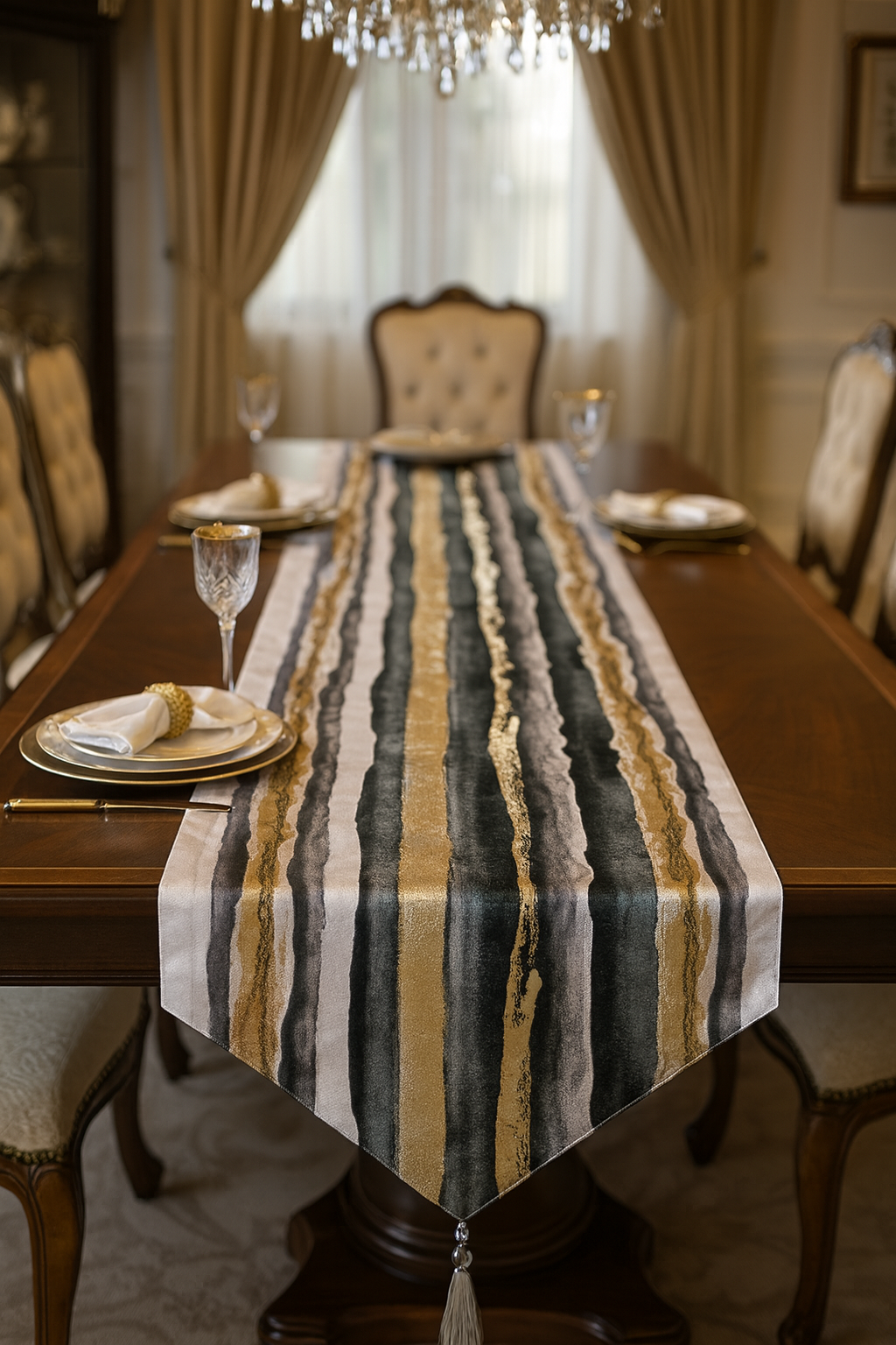 Elegant Marble-Wave Table Runner with Tassel Finish