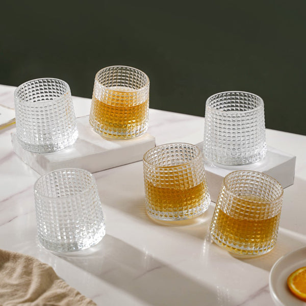 Set of six clear, textured whiskey tumblers