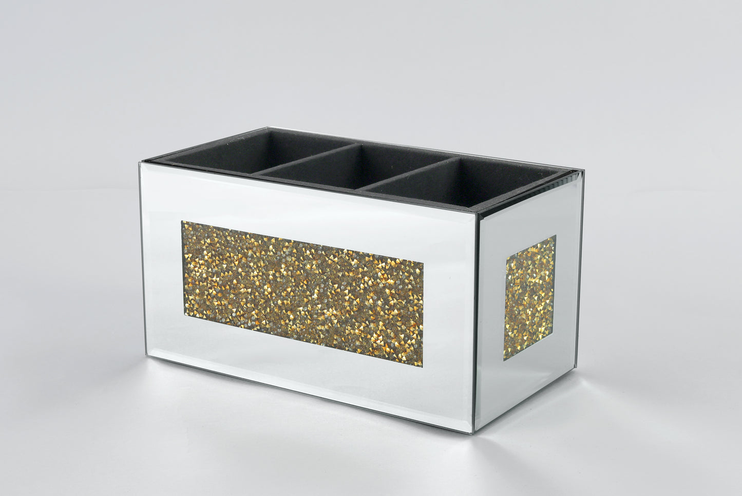 Crystal Crushed Diamonds Mirror Jewel Beauty Box, 3 Compartments (Gold)