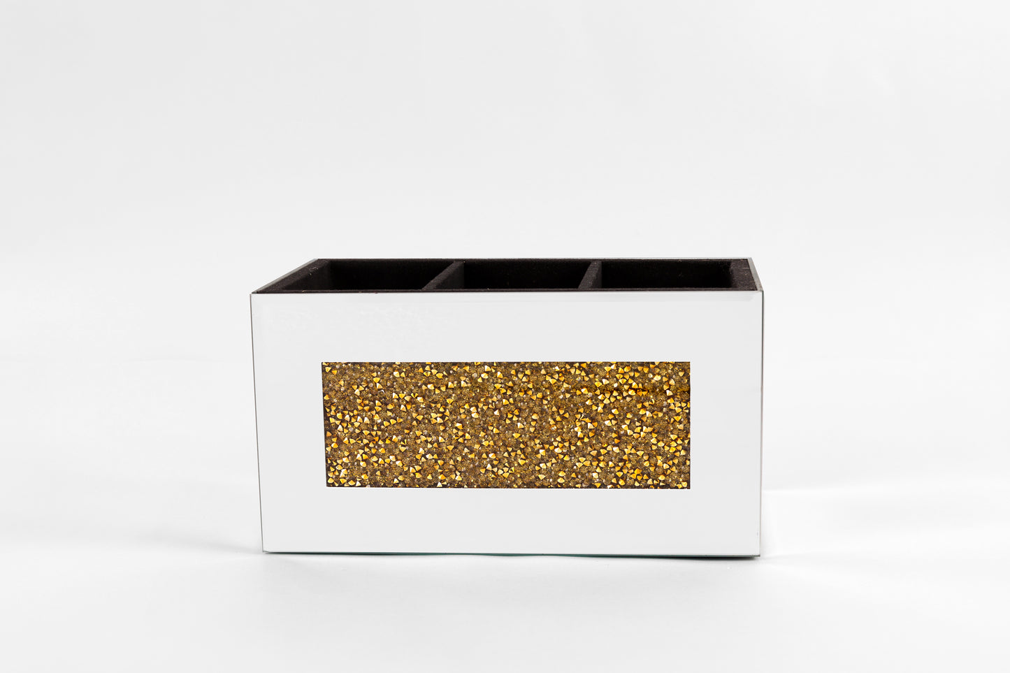 Crystal Crushed Diamonds Mirror Jewel Beauty Box, 3 Compartments (Gold)