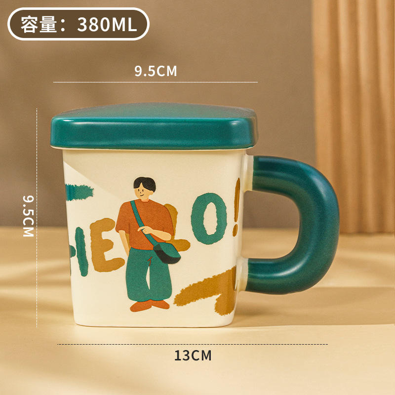 New Cute Ceramic square Couple Cup with Lid 380ml