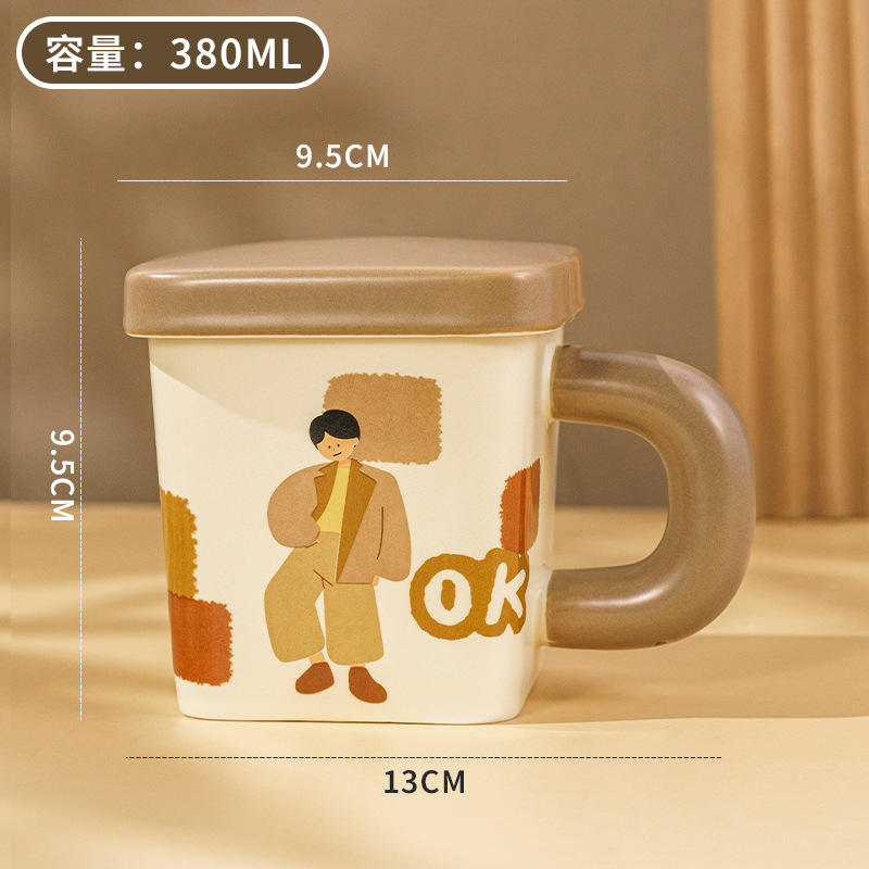 New Cute Ceramic square Couple Cup with Lid 380ml