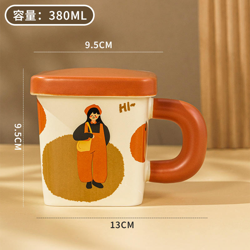 New Cute Ceramic square Couple Cup with Lid 380ml