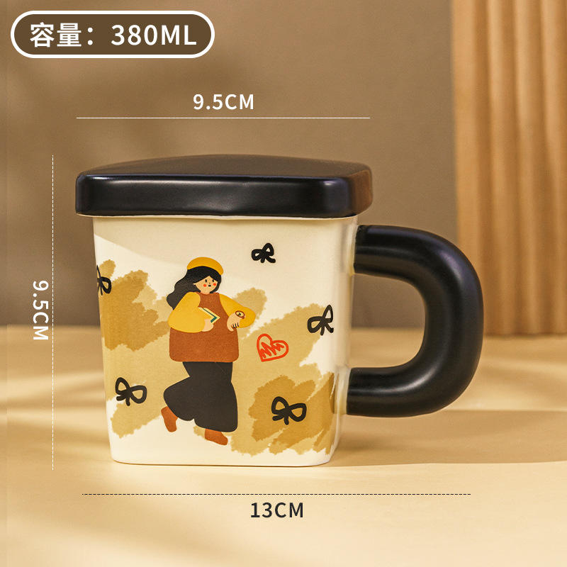 New Cute Ceramic square Couple Cup with Lid 380ml
