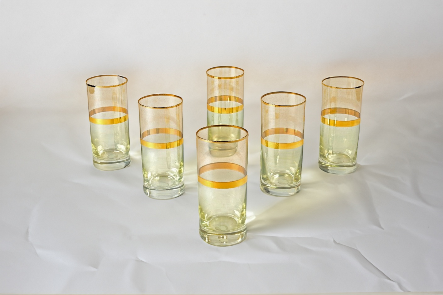 Set of six tall juice or water glasses with gold detail
