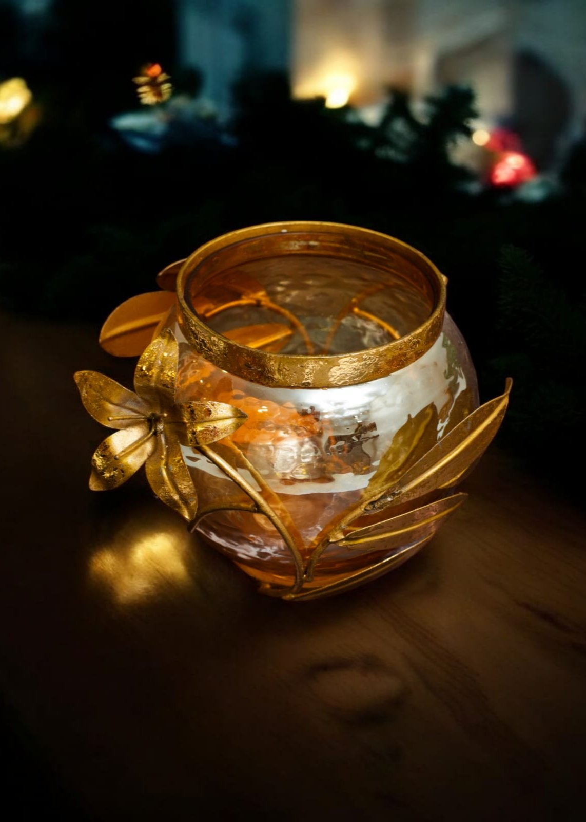 Golden Floral Glass Candle Holder