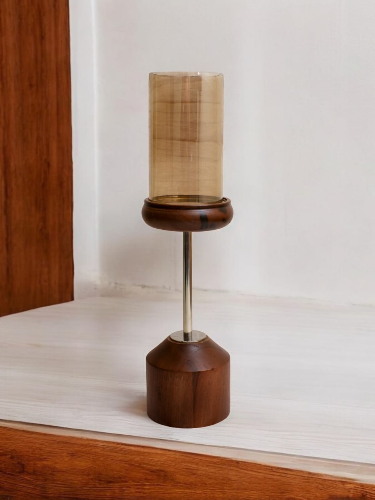 Wood and Glass Pedestal Candle Holder