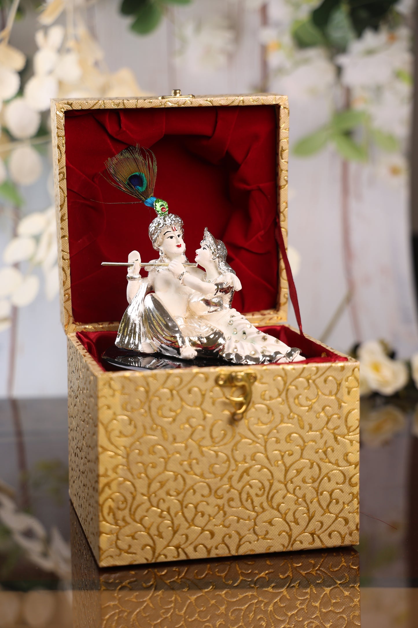 Silver Plated White Sitting Radha Krishna on a Black Acrylic Plate