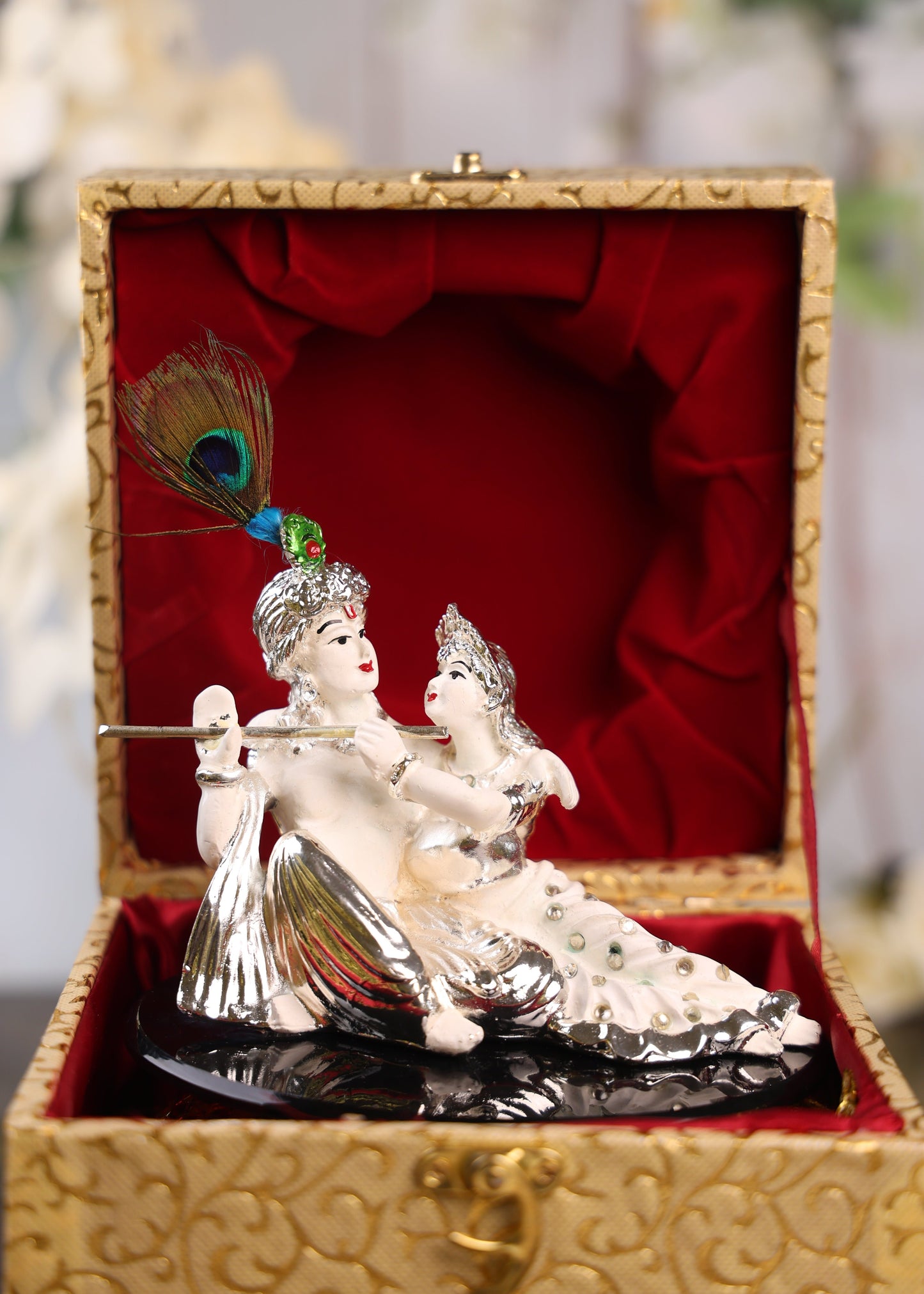 Silver Plated White Sitting Radha Krishna on a Black Acrylic Plate