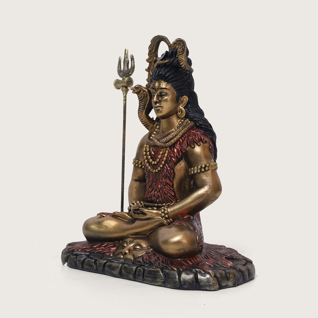 Shiva Samadhi Meditation statue with Trishul in Antique Finish golden red