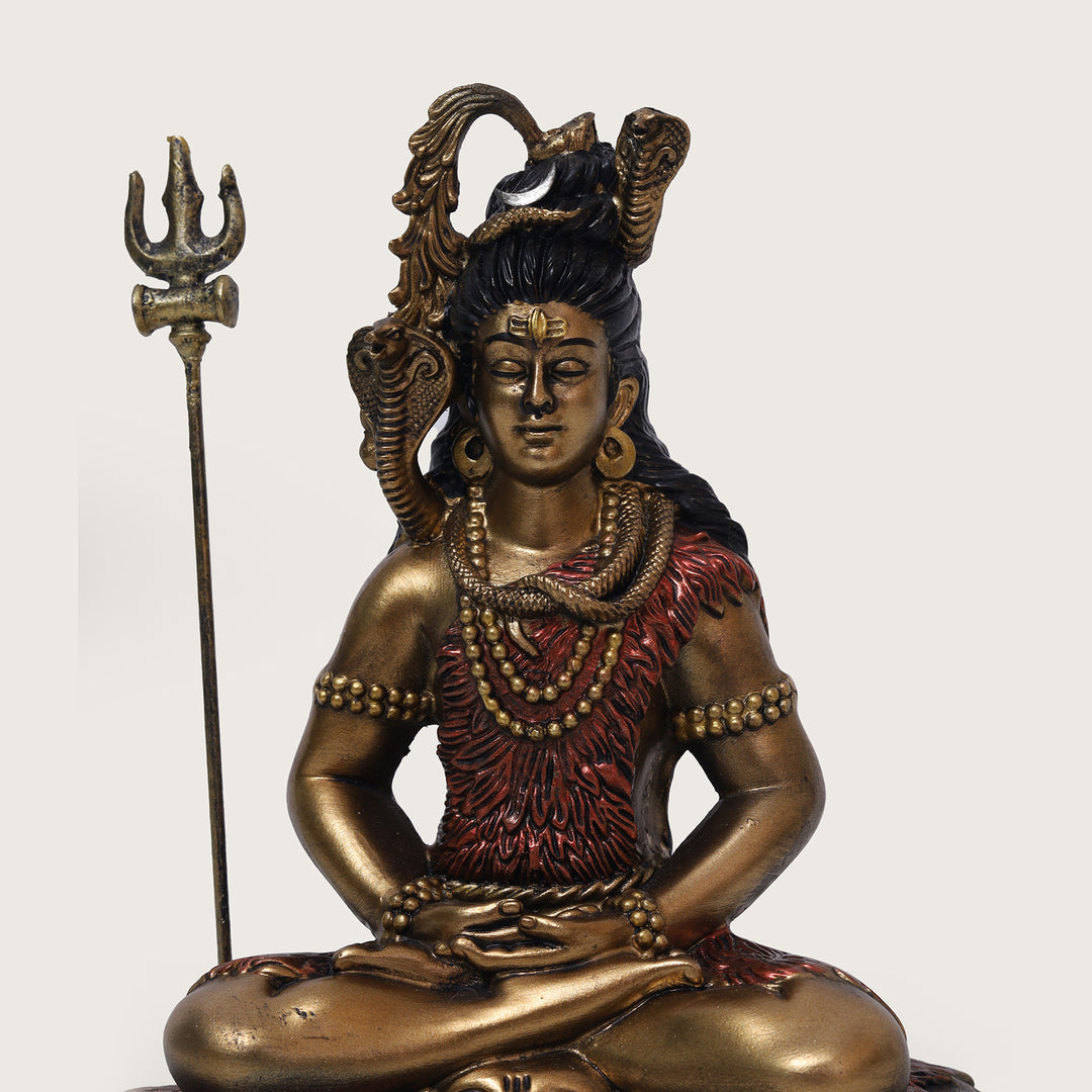 Shiva Samadhi Meditation statue with Trishul in Antique Finish golden red