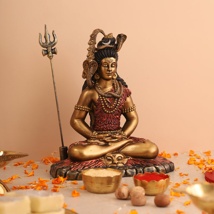 Shiva Samadhi Meditation statue with Trishul in Antique Finish golden red