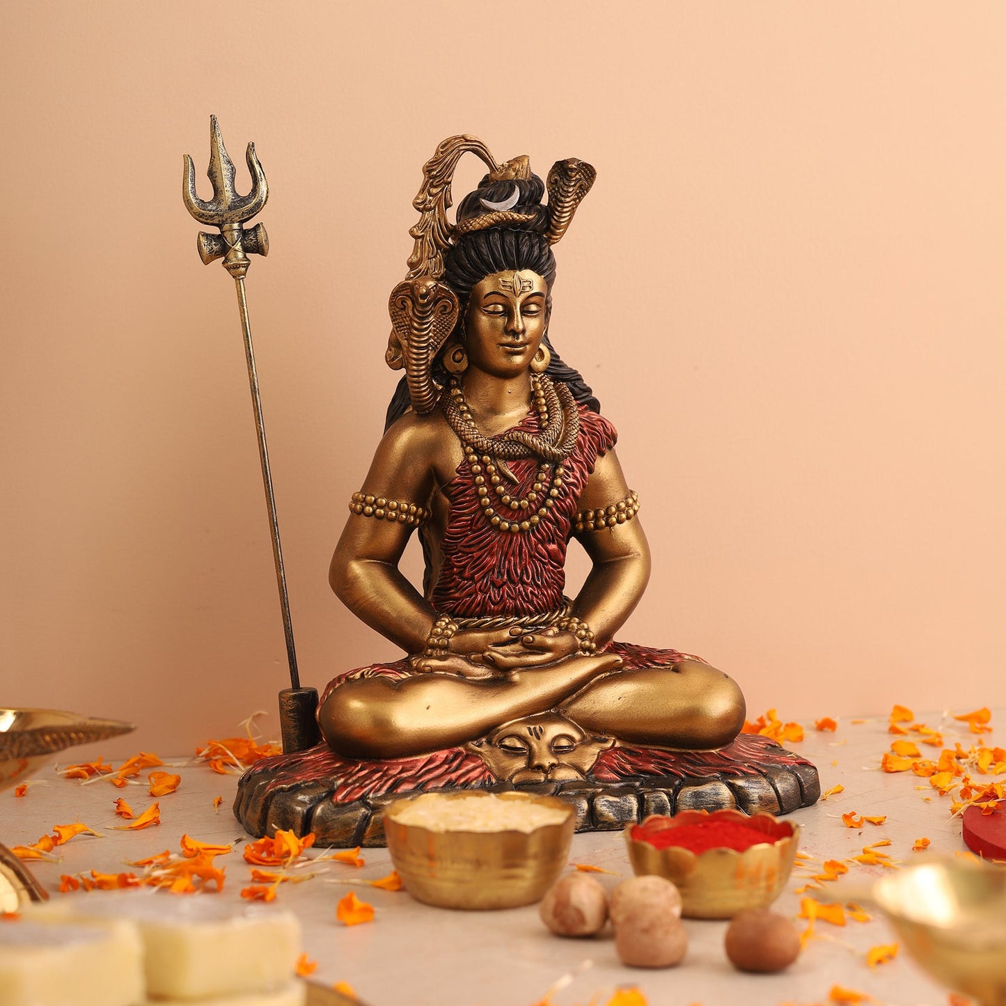 Shiva Samadhi Meditation statue with Trishul in Antique Finish golden red