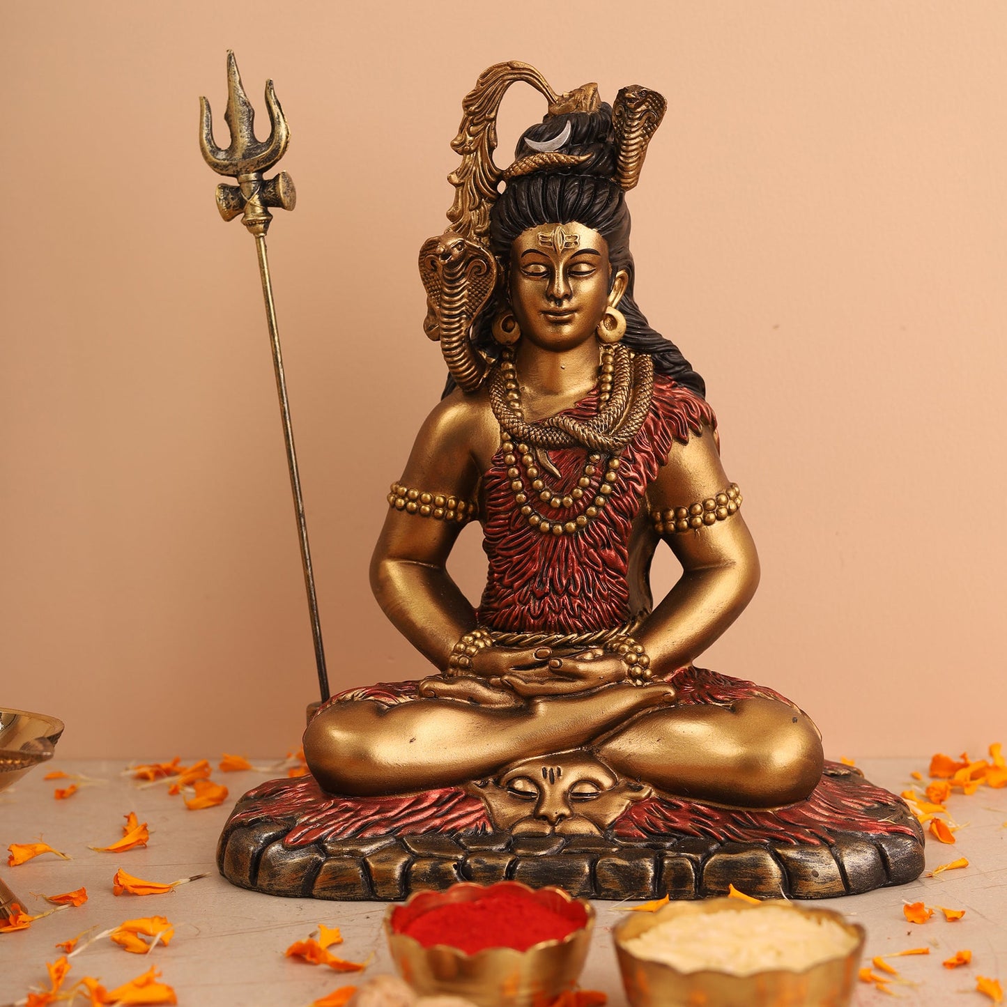 Shiva Samadhi Meditation statue with Trishul in Antique Finish golden red