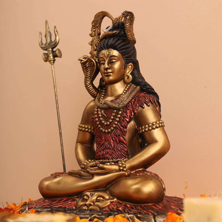 Shiva Samadhi Meditation statue with Trishul in Antique Finish golden red