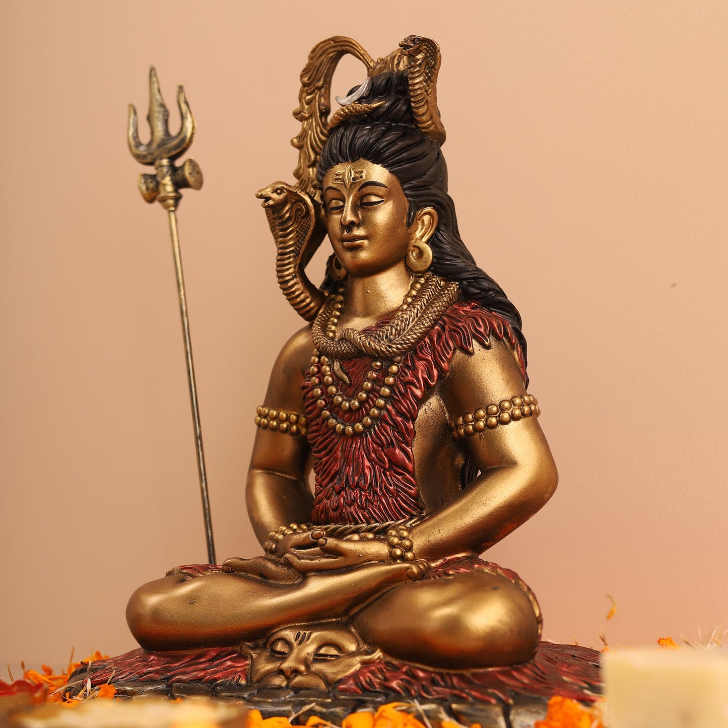 Shiva Samadhi Meditation statue with Trishul in Antique Finish golden red