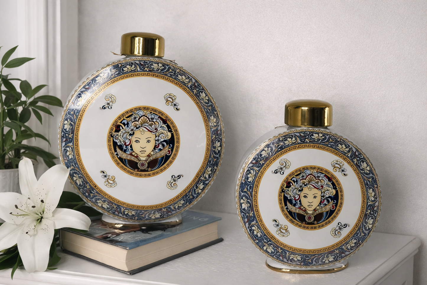 Luxury White and gold Medusa design ceramic jar set available at Mirana Decoor Chandigarh, perfect for premium home decor and gifting in Tricity