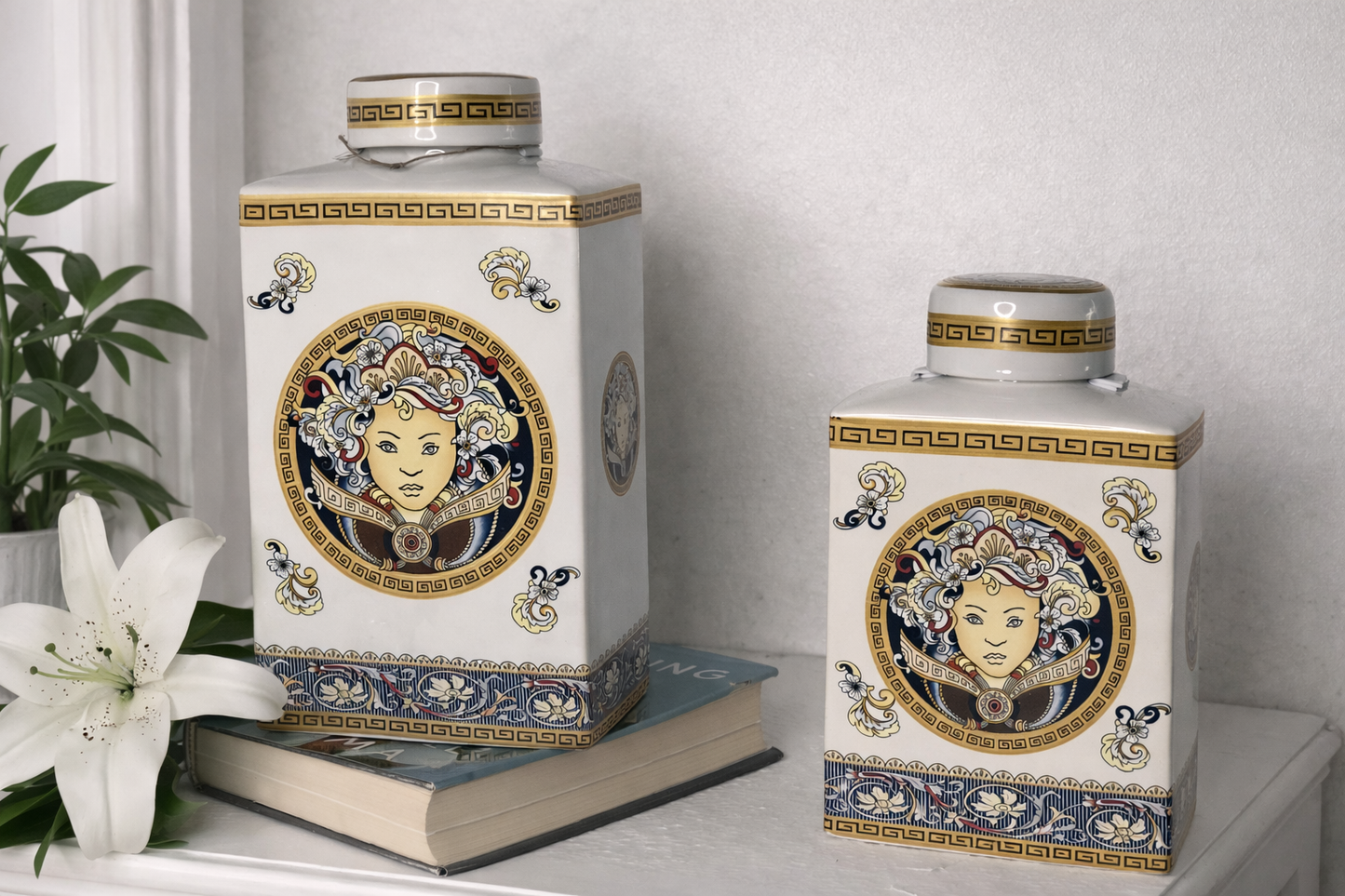 Elegant white and gold Medusa design ceramic jar set available at Mirana Decoor Chandigarh, perfect for luxury home decor and premium gifting in Tricity