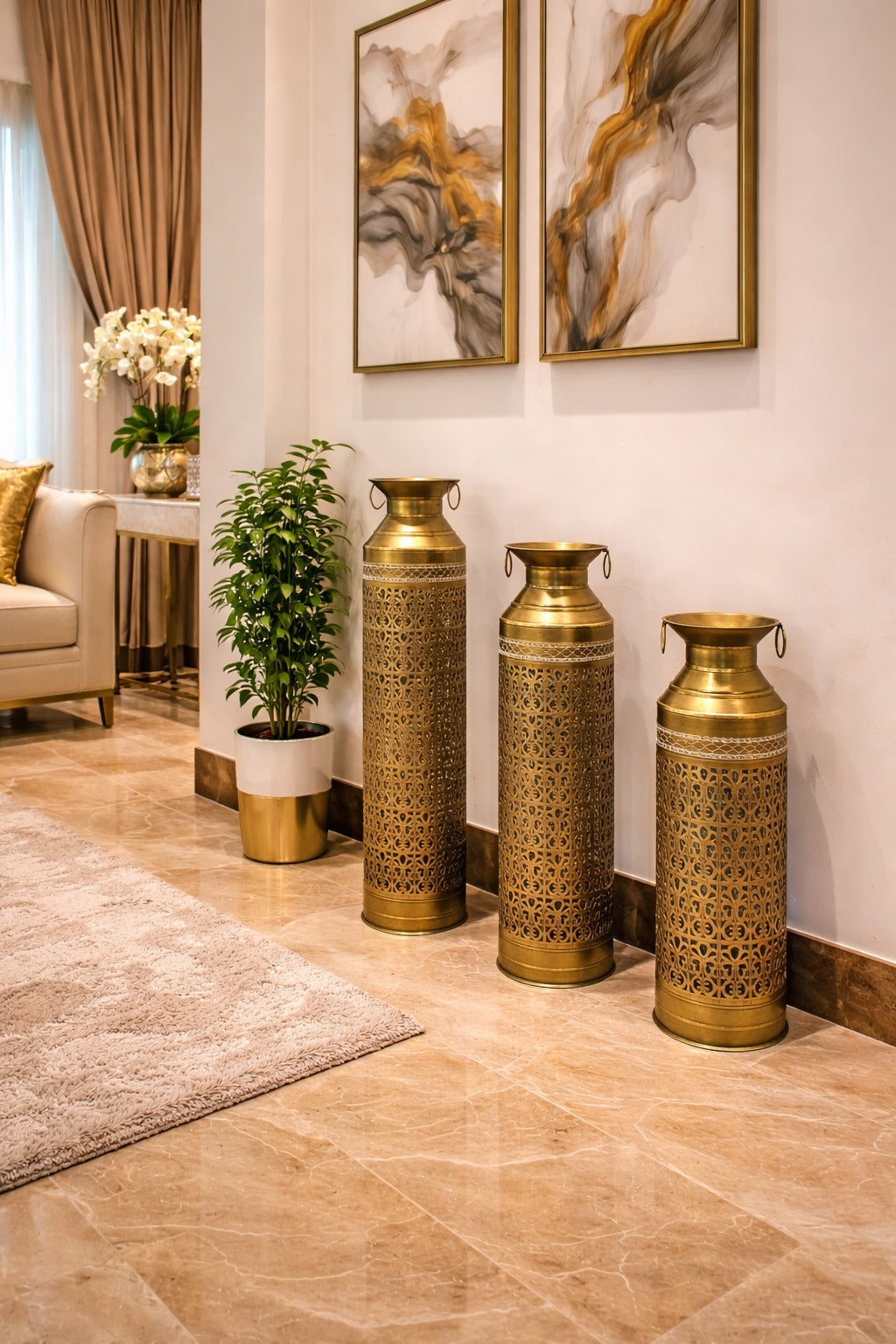 Elegant Gold Decorative Floor Vases Set – Handcrafted Metal Statement Pieces