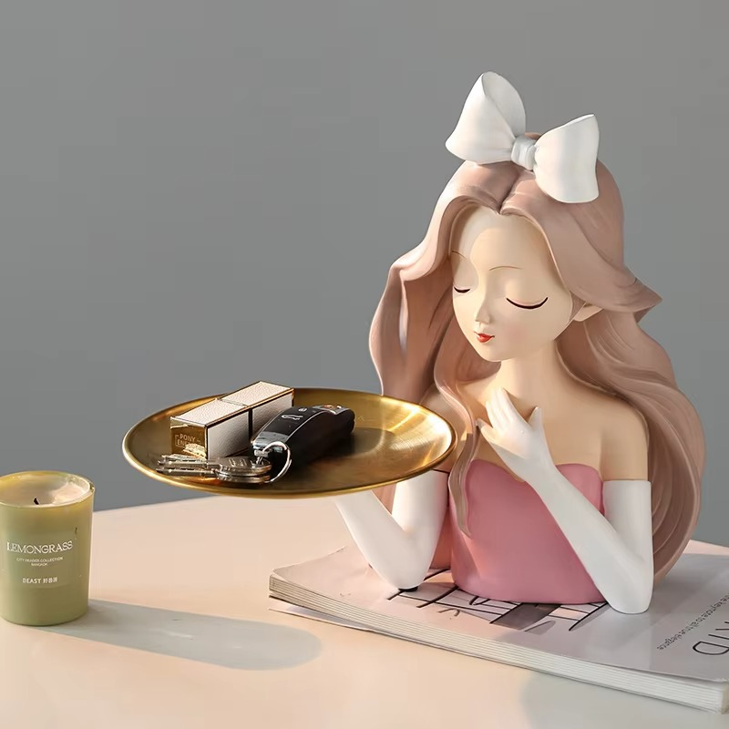 Stylish girl sculpture with tray, ideal for living room or vanity decor