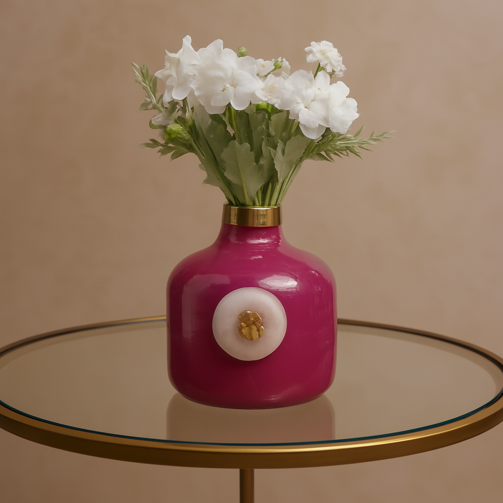 Elegant Ceramic Vase with Golden Cap & Natural Stone Accent