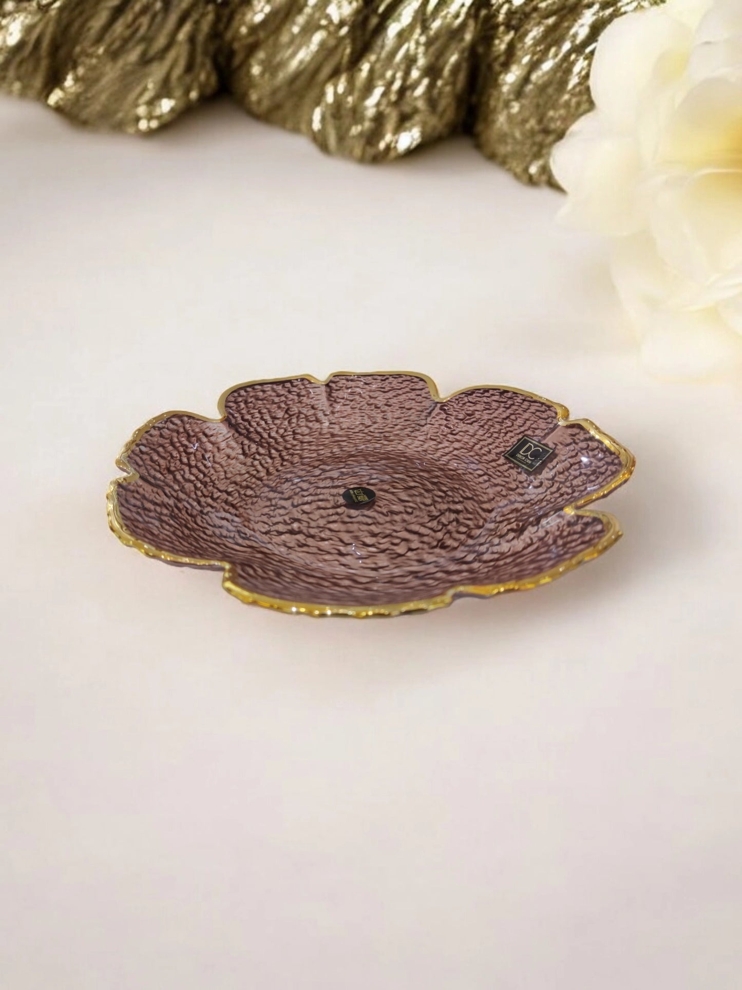 Lemon Tree Flower-Shaped Colored Glass Platter – 8 Inch Deep Dish Plate