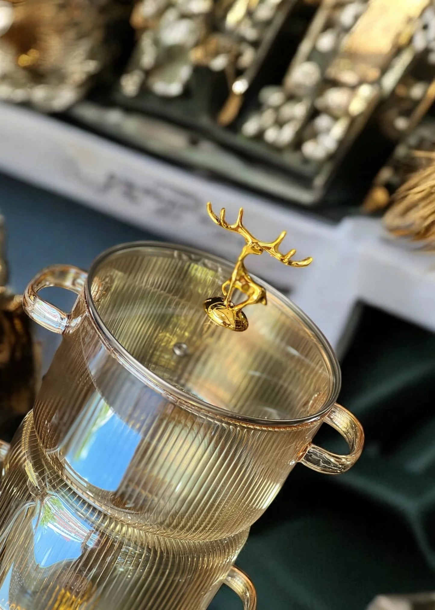 Glass Cooking Pot with Golden Deer Lid