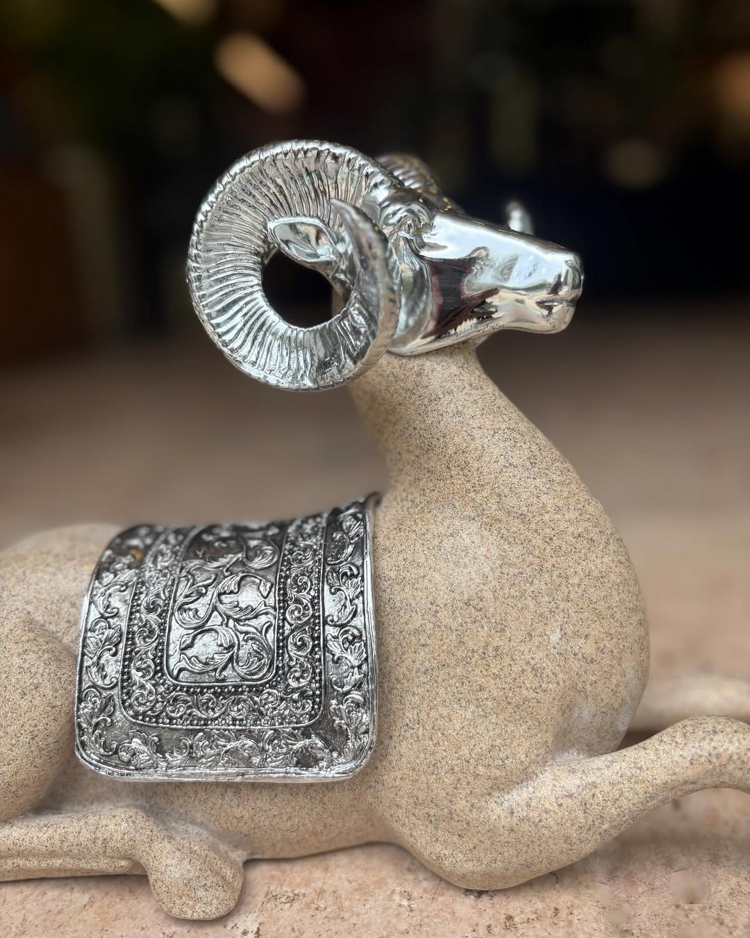 Regal Silver-Horned Ram Figurine