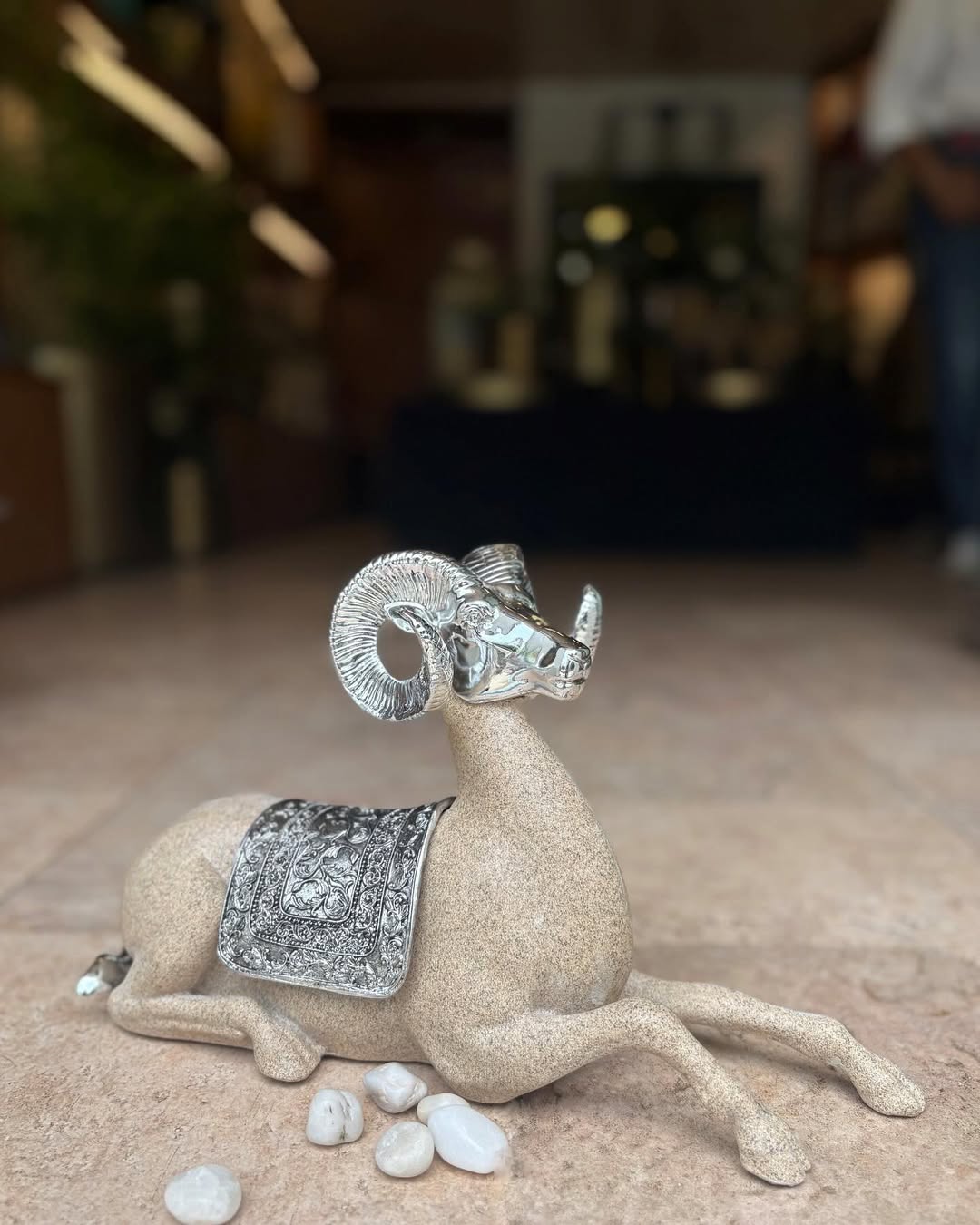 Regal Silver-Horned Ram Figurine