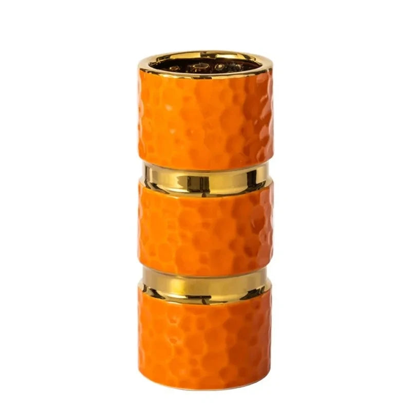 ORANGE HAMMERED TEXTURE CYLINDRICAL VASES WITH GOLD ACCENTS