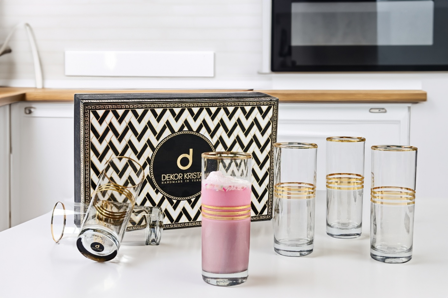 Elegant smokey glasses with 3 gold lines, set of 6