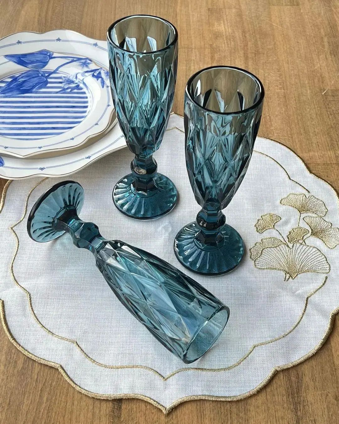 Elegant blue fluted glasses on a table