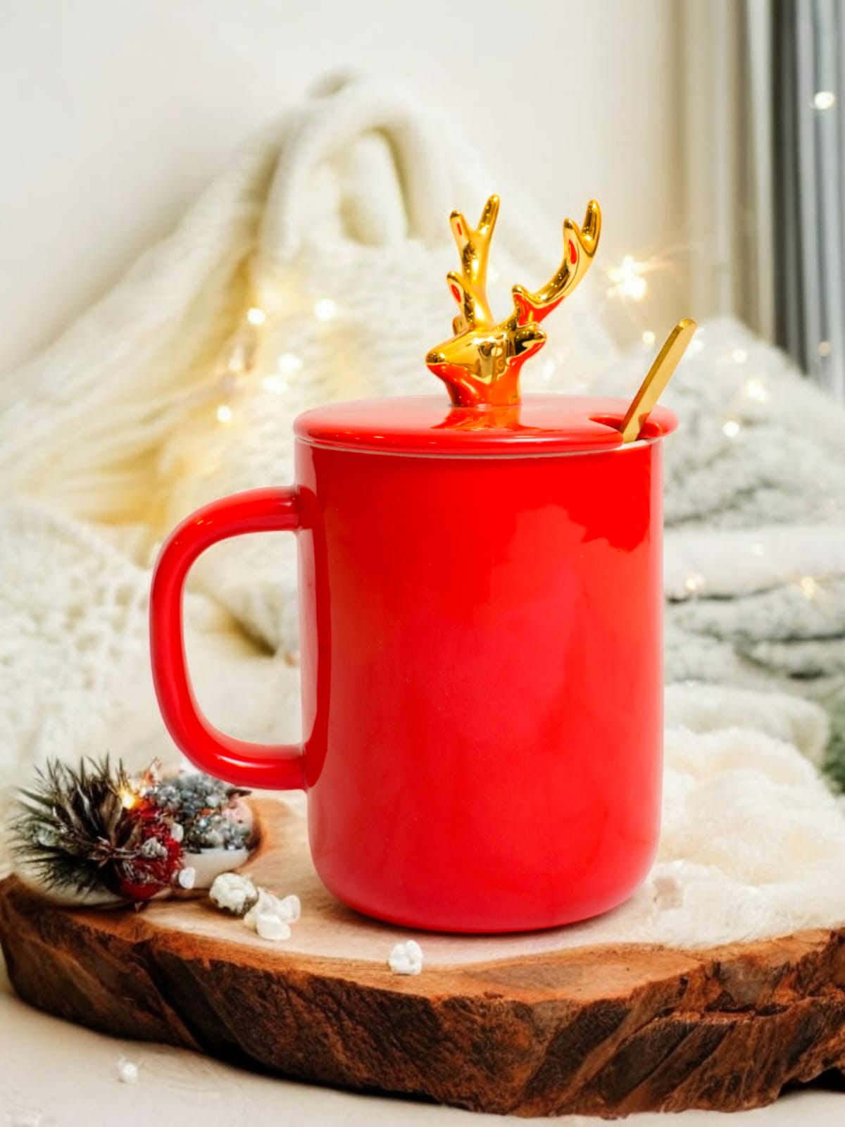 Elegant Red Ceramic Mug with Golden Reindeer Lid & Spoon