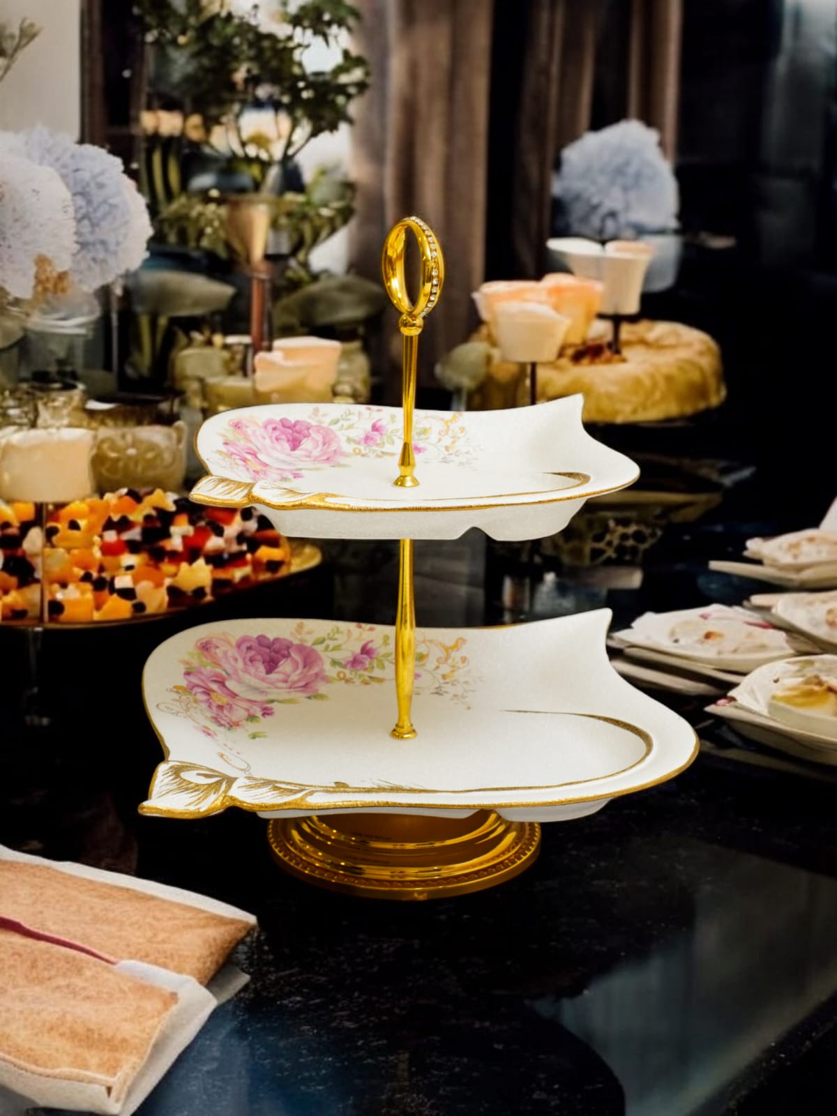 Two-Tier Floral Ceramic Platter with Gold Detailing