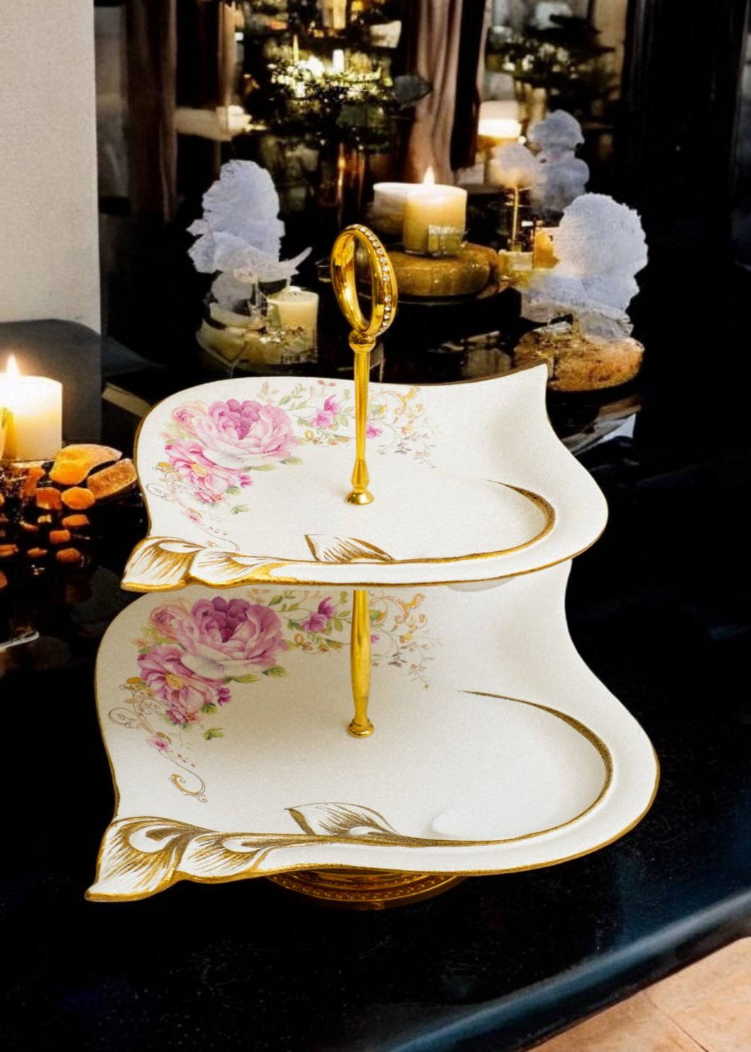 Two-Tier Floral Ceramic Platter with Gold Detailing