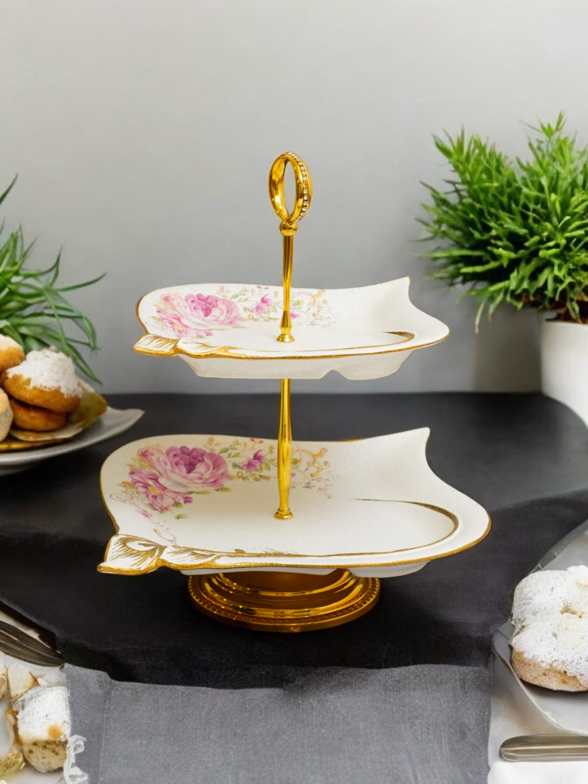 Two-Tier Floral Ceramic Platter with Gold Detailing