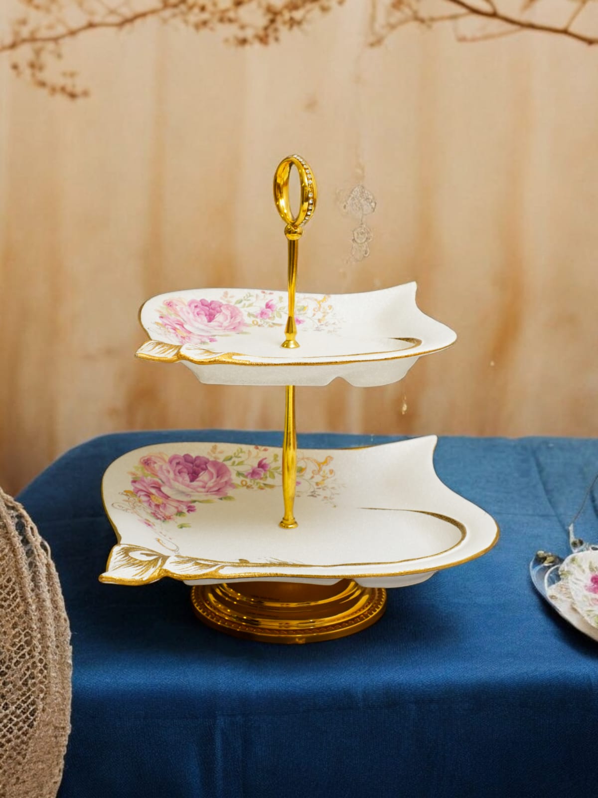 Two-Tier Floral Ceramic Platter with Gold Detailing