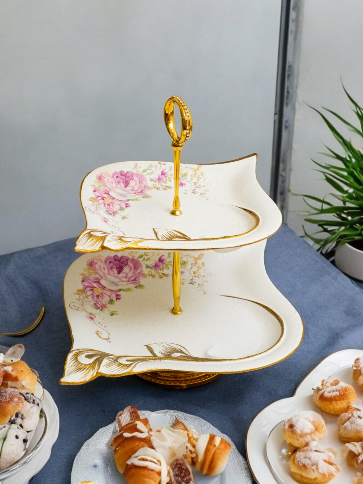 Two-Tier Floral Ceramic Platter with Gold Detailing