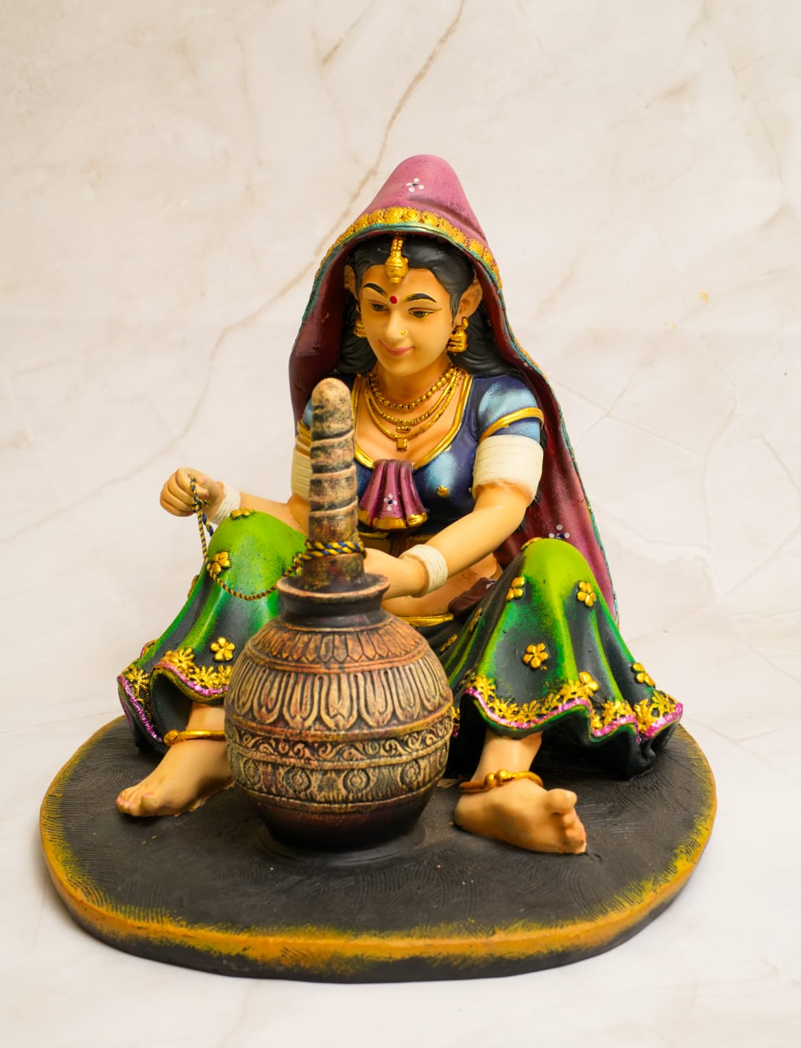 Traditional Rajasthani Woman Making Buttermilk Showpiece – Handcrafted Decor
