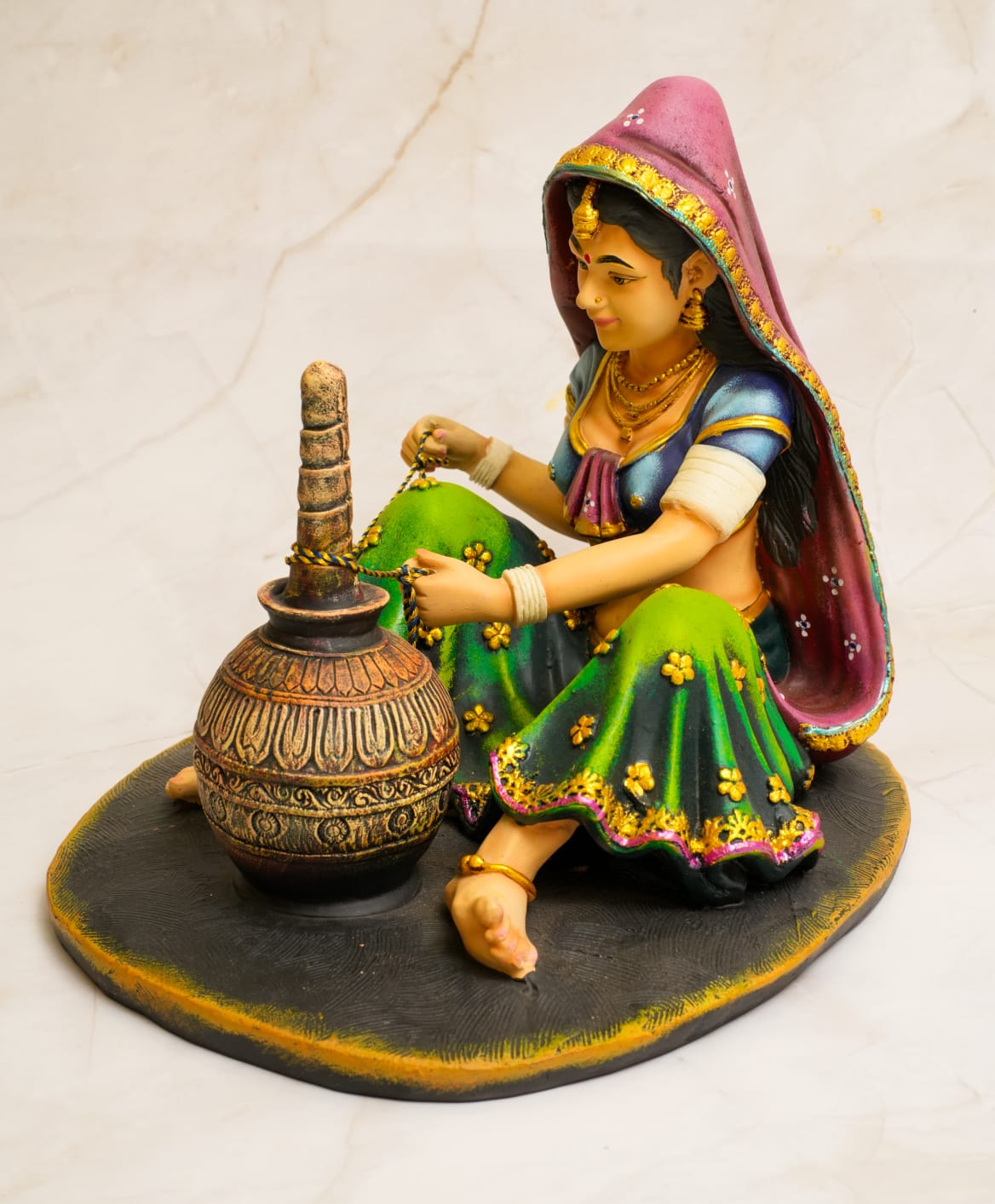Traditional Rajasthani Woman Making Buttermilk Showpiece – Handcrafted Decor