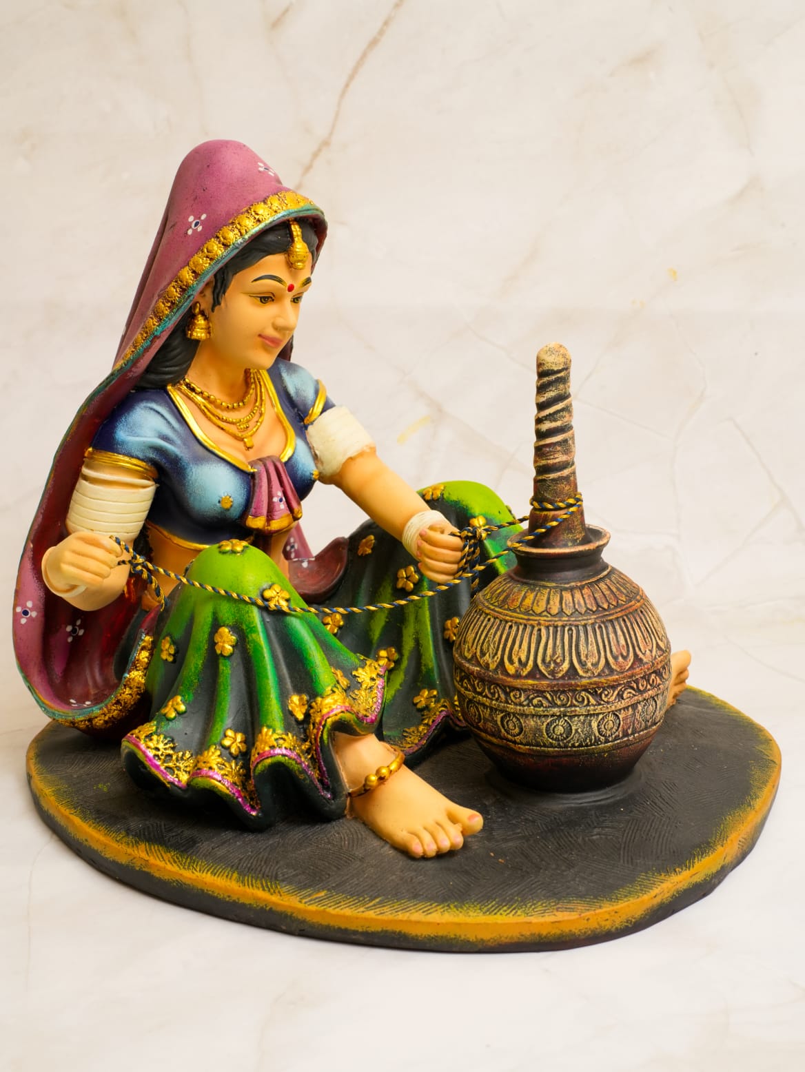 Traditional Rajasthani Woman Making Buttermilk Showpiece – Handcrafted Decor