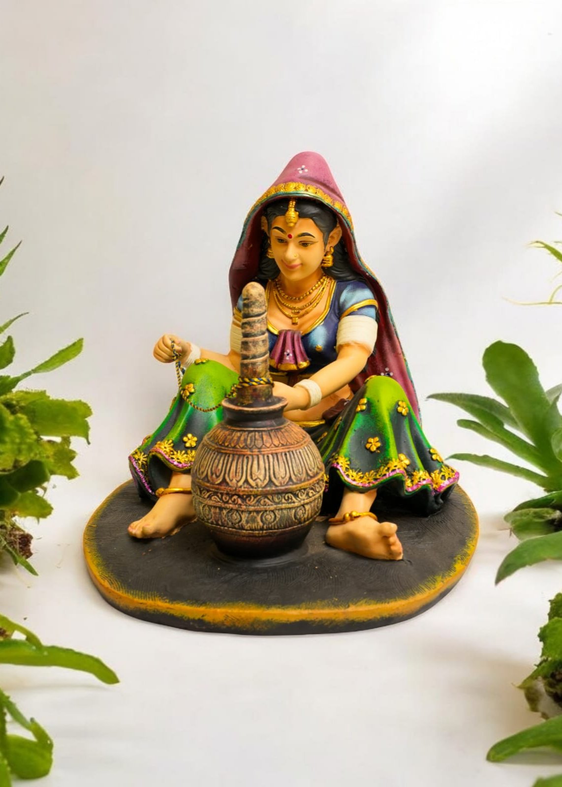 Traditional Rajasthani Woman Making Buttermilk Showpiece – Handcrafted Decor