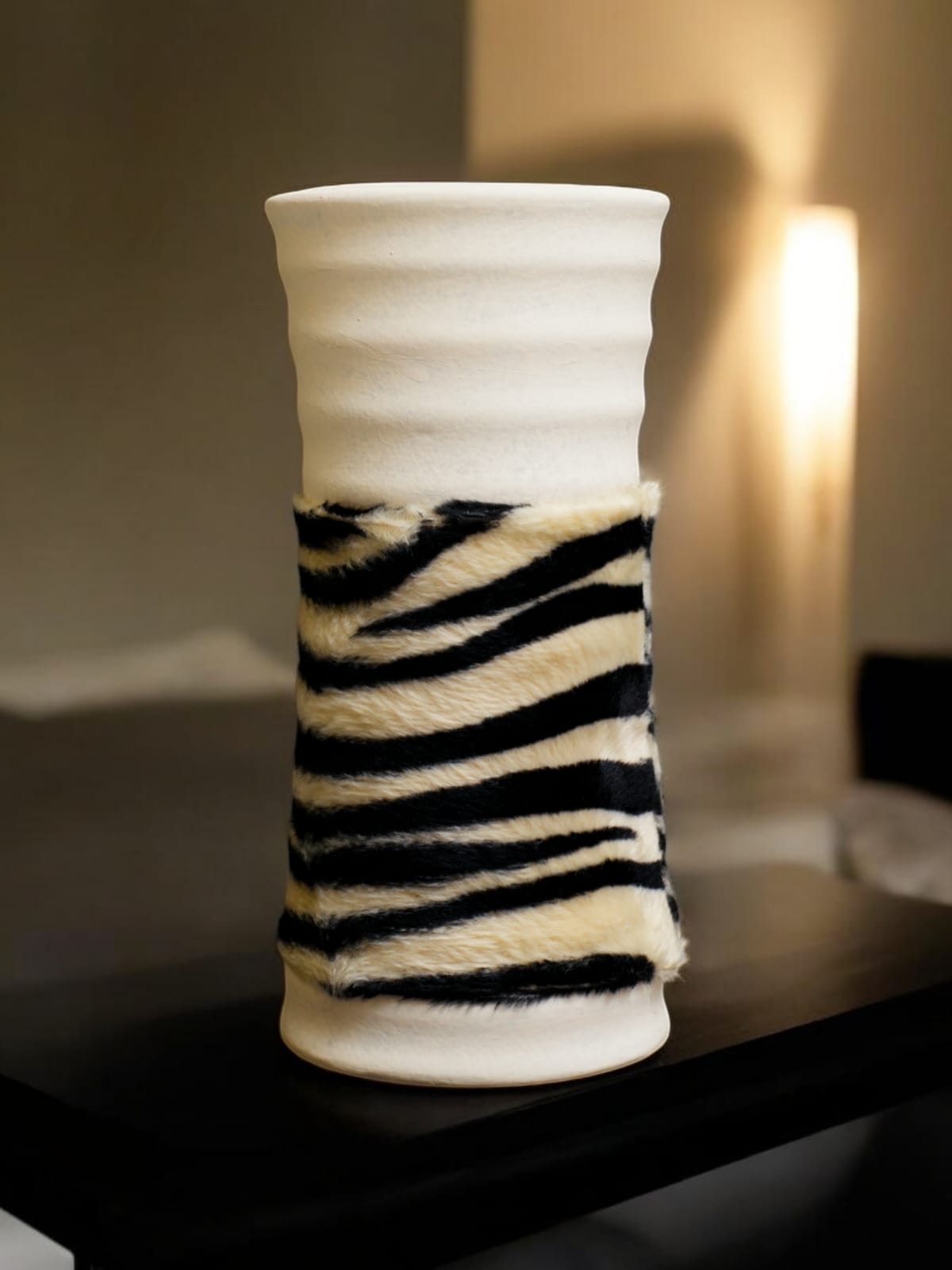 Rustic Candle Holder with Faux Leopard Fur Wrap