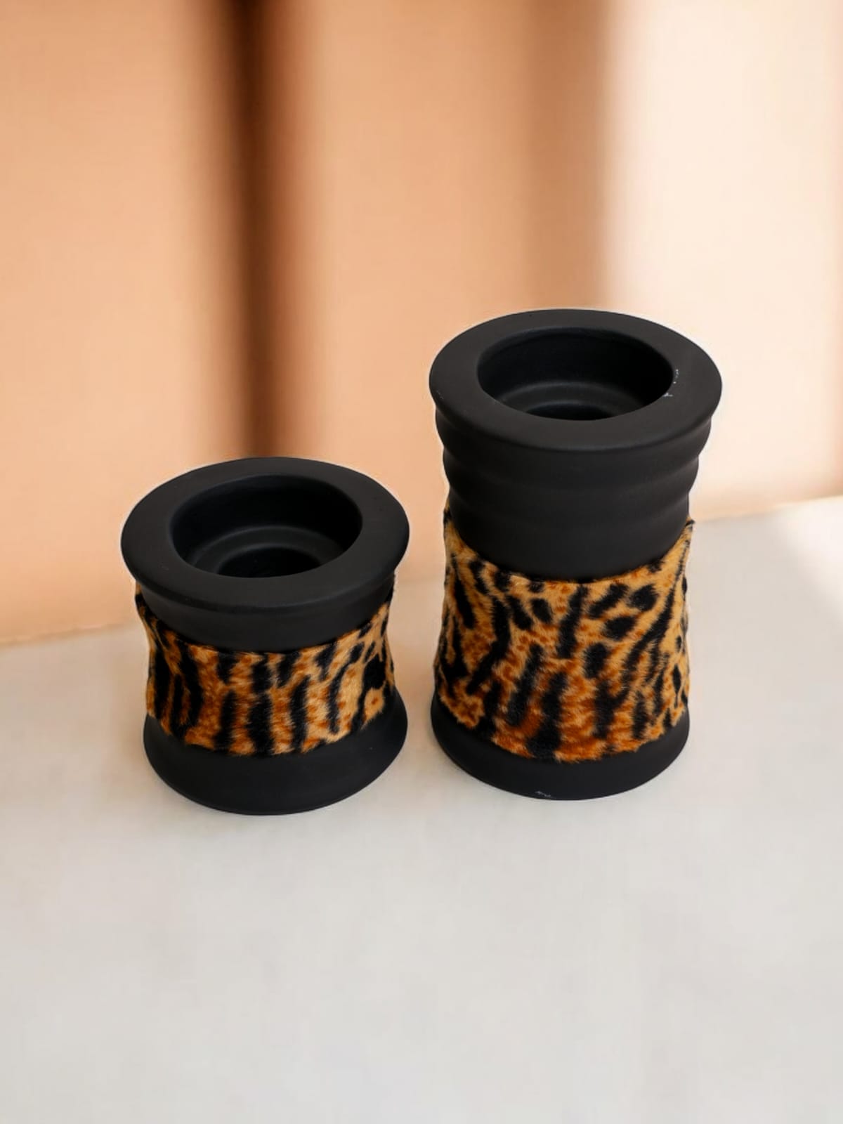 Rustic Brown Candle Holder with Faux Leopard Fur Wrap Set-2