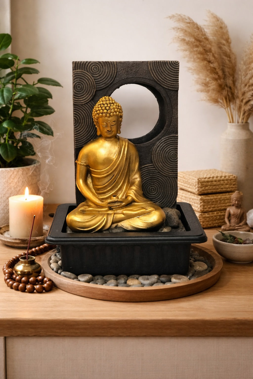 Zen Buddha Indoor Water Fountain with LED Light & Incense Holder