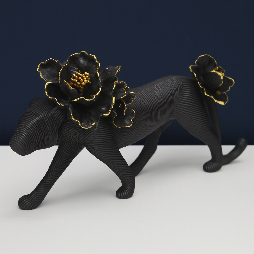 Panther Sculpture with Gold-Accented Florals